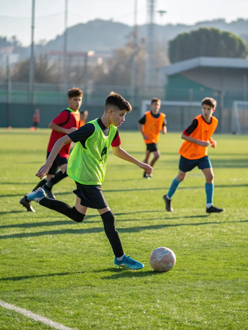 A vibrant image of young ASSB players participating in a football training session, showcasing their energy and enthusiasm.